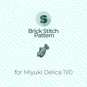 May include: A blue and grey fish bead pattern for brick stitch using Miyuki Delica 11/0 beads.