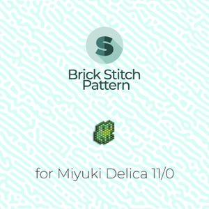 Op de afbeelding: Groen kikker kralenpatroon voor baksteen steek met Miyuki Delica 11/0 kralen.