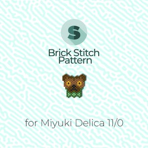 May include: Brick stitch pattern for a brown bear with green bow tie, for Miyuki Delica 11/0 beads.