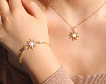 Sun Necklace, Sun Bracelet, Princess Necklace, sun ring, sunflower jewelry set, sunflower bracelet-necklace-ring,Cosplay,14K gold-plated