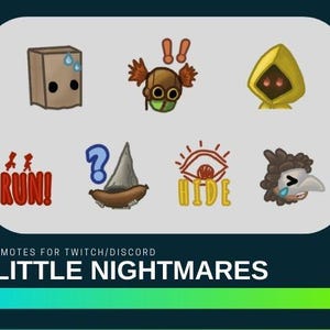 Op de afbeelding: Een set van 8 digitale emotes met personages uit de videogame Little Nightmares. De emotes bevatten een bruin dooshoofd met zweetdruppels, een personage met een gele regenjas en een rood masker, een personage met een vraagteken boven zijn hoofd, een personage met een rood oog en het woord "HIDE" eronder, een personage met een wit masker en een traan, en een personage met een rode hoed en een bril. De emotes zijn ontworpen voor gebruik op Twitch en Discord.