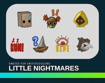 May include: A set of 8 digital emotes featuring characters from the video game Little Nightmares. The emotes include a brown box head with sweat droplets, a character with a yellow raincoat and a red mask, a character with a question mark above their head, a character with a red eye and the word "HIDE" below, a character with a white mask and a tear, and a character with a red hat and goggles. The emotes are designed for use on Twitch and Discord.