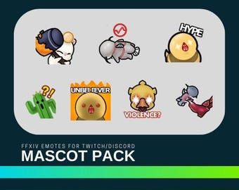 May include: A set of 8 digital emotes featuring various characters from the Final Fantasy XIV video game. The emotes are designed for use on Twitch and Discord. The emotes include a cactus, a bird, a creature with a hammer, a creature with a fire, a creature with a question mark, a creature with a red eye, a creature with a red eye and a creature with a red eye.