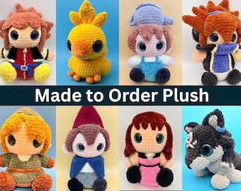 May include: A collection of eight handmade crochet plush toys featuring various characters with large dark eyes. The figures include humanoids with brown, orange, and red hair, a yellow bird, and a black and white wolf-like creature. Text reads Made to Order Plush.
