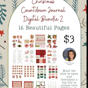 May include: A digital download of 16 printable Christmas countdown journal pages. The pages feature a variety of festive designs, including Santa Claus, reindeer, and Christmas trees. The pages are perfect for creating a unique and personalized Christmas countdown journal.