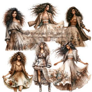 Clipart de aquarela retrô Boho Chic, vestido floral de verão, PNGs de alta resolução, planejadores, download digital, criação de cartões, uso comercial