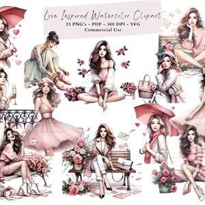 Love Inspired Watercolor Clipart, Cute Girls, Roses, Hearts, Hand-Drawn Illustrations, Valentine's day, Planners, Scrapbooks, Commercial Use