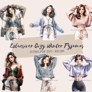 Bedtime Selfcare Babes & Cozy Winter Pajamas Clipart | Watercolor Hand-Drawn | Scrapbooking, Digital Planners, Crafts, Commercial Use
