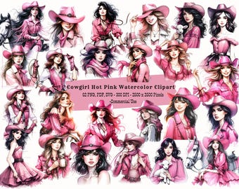 Hot Pink Cowgirl Clipart: Watercolor Western Illustrations (PNG, SVG, PDF)