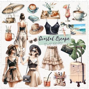 Küsten entkommen Mädchen Mode Aquarell Clipart | 12 "x 12" transparente Hintergründe | PNG, SVG, PDF | Planer, Basteln, Kommerzielle Nutzung