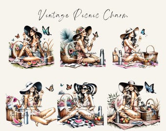 May include: Six digital illustrations of women in vintage-inspired clothing enjoying a picnic. Each illustration features a woman wearing a hat, sitting on a blanket with a picnic basket, fruit, and a thermos. The illustrations are in a watercolor style and have a whimsical feel.