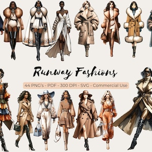 Runway Fashion Watercolor Clipart Bundle | Hand-drawn Style | PNG, SVG, PDF | For Social Media, Crafting, Commercial Use