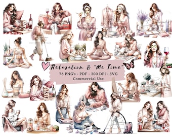 Watercolor Self-Care Clipart Bundle, Pink Relaxation, Commercial Use (PNG, PDF, SVG)