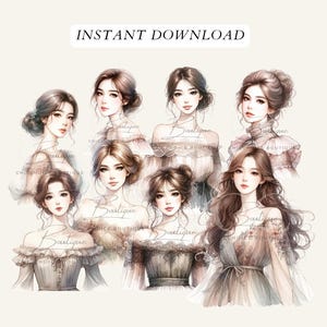 Watercolor Women Clipart: Romantic Vintage Illustrations (PNG Digital Download)
