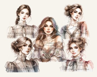 Watercolor Woman Clipart: Vintage Romantic Illustrations (PNG Digital Download)