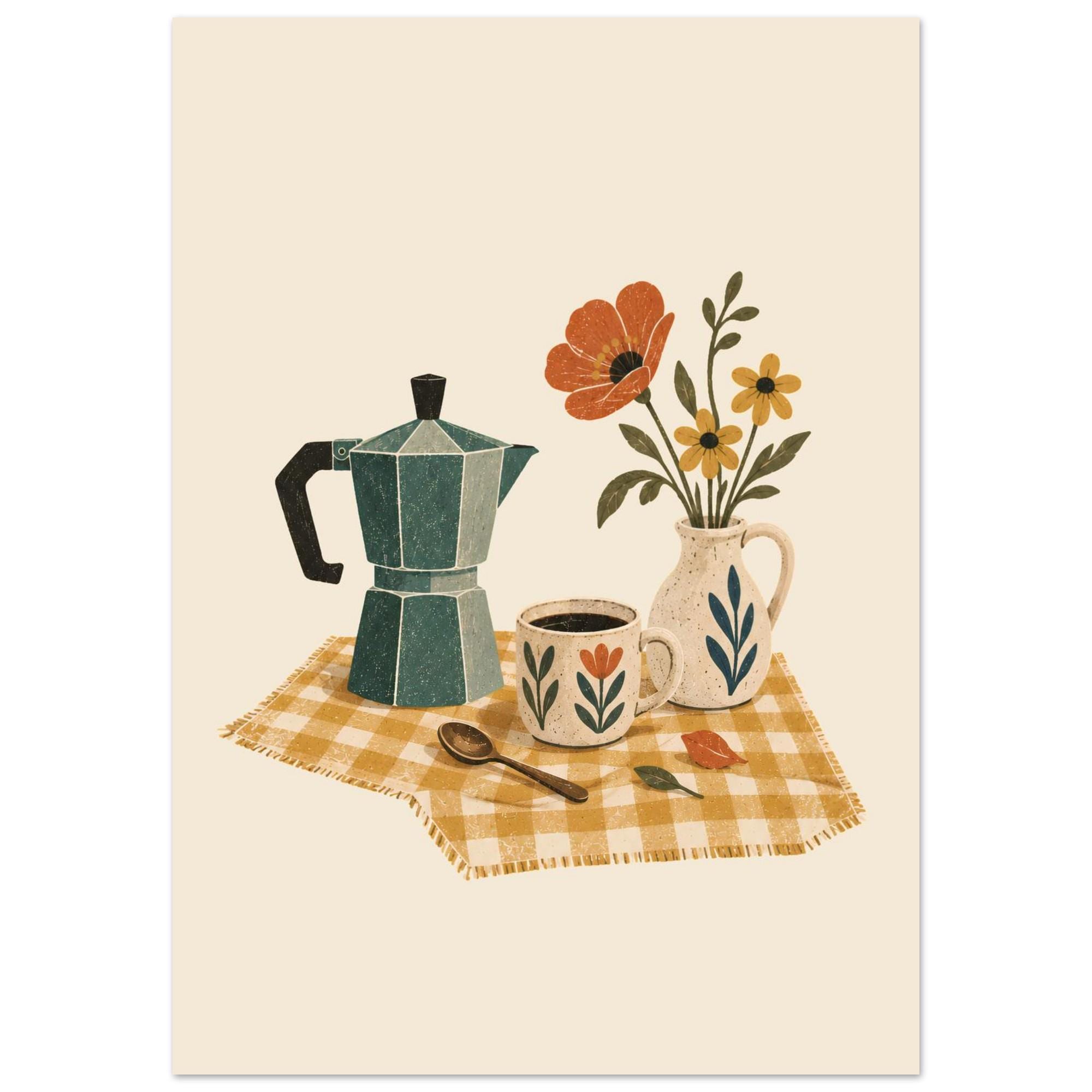 Vintage Moka Pot Coffee Art, Scandinavian Folk Print Poster, Cozy Kitchen Decor