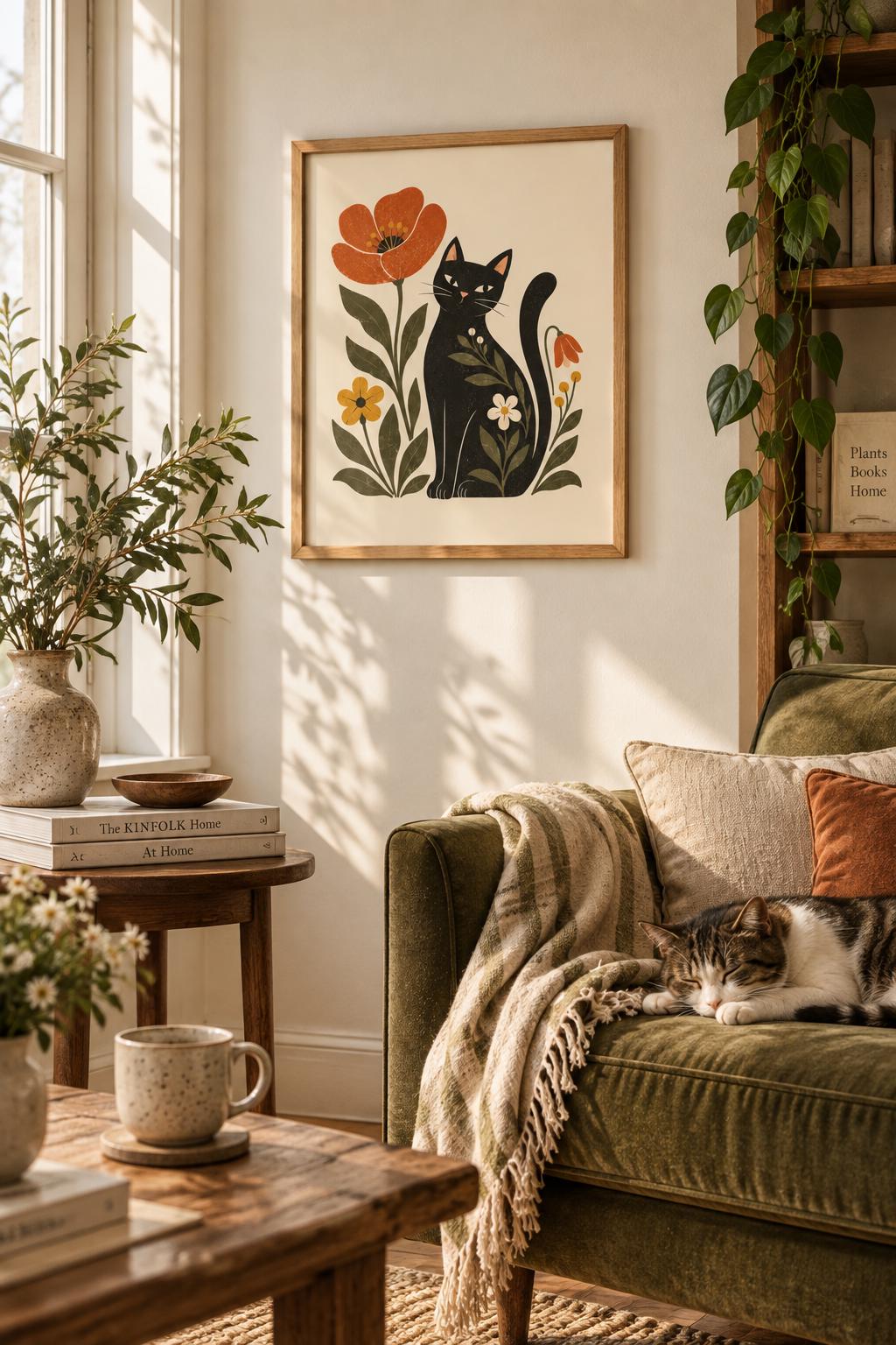 Botanical Cat Print, Scandinavian Folk Art Poster, Cozy Cottagecore Decor