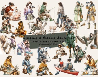 Watercolor Camping Clipart: Outdoor Adventure PNG, SVG, PDF (Commercial Use)