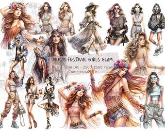 Music Festival Girls Clipart: Glam Watercolor PNG Stickers (Digital Download)
