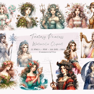 Fantasy Prinzessin Aquarell Clipart | Schöne Fantasy Charakter Illustration | PNGs, PDFs und SVGs | Planer, Scrapbooks, Kommerzielle Nutzung
