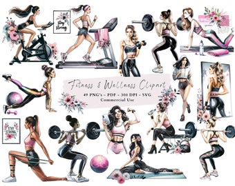May include: A digital clipart set of 49 fitness and wellness illustrations. The illustrations feature women in various poses, including exercising on a stationary bike, lifting weights, and doing yoga. The illustrations are in a watercolor style and are perfect for use in digital projects, such as social media graphics, website designs, and printables.