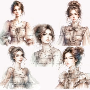 Watercolor Women Clipart: Vintage Romantic Illustrations (PNG Digital Download)