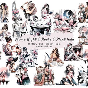 Imágenes prediseñadas de noche de películas, lectura de libros, plantas y relajación, ilustraciones de moda en acuarela, amantes de los libros, uso comercial, creación de tarjetas, planificadores