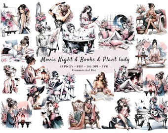 Clipart de acuarela: Noche de cine, libros, plantas (PNG, SVG, PDF)