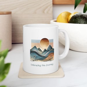Mountain Sunset Ceramic Mug, Geometric Landscape Coffee Cup, Modern Abstract Design, Gift Idea, 11oz 15oz, Minimalist Kitchen Decor