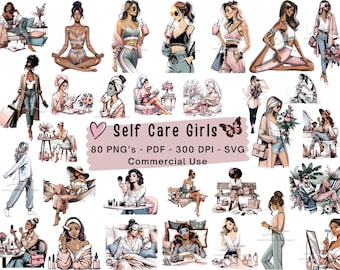 May include: A digital illustration set of 80 self-care girls in various poses and outfits. The illustrations are in a cartoon style and feature a variety of skin tones and hair styles. The set includes a variety of poses, including sitting, standing, and relaxing. The illustrations are perfect for use in digital products, such as planners, journals, and social media graphics.