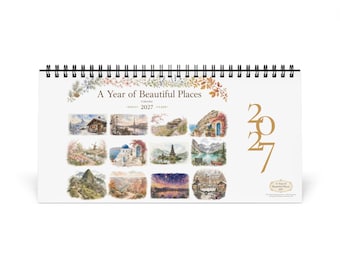 Calendario de escritorio de viajes 2027, acuarela, arte paisajístico, regalo para amantes de los viajes.