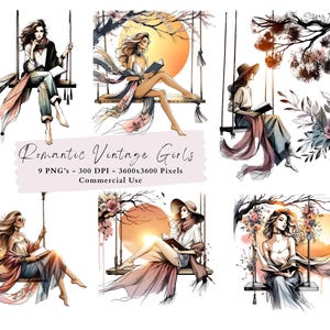 Vintage Women Watercolor Clipart: Romantic Autumn Swing Illustrations (Digital Download)