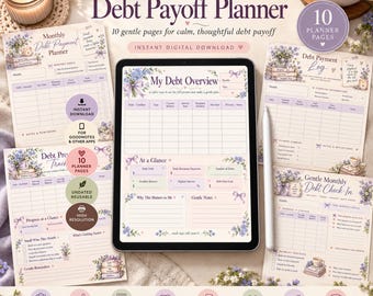 May include: A digital debt payoff planner displayed on a tablet screen, surrounded by printed planner pages featuring floral illustrations, purple ribbons, and tables for tracking payments, debt overview, and monthly goals.