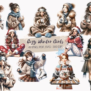 Cozy Winter Girls Watercolor Clipart / 49 PNG ad alta risoluzione, PDF, SVG / Illustrazioni estetiche invernali / Scrapbooking, pianificatori digitali, artigianato
