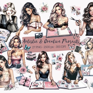 Künstlerische Kreative Pursuits Mädchen Aquarell Clipart | Hochauflösende digitale Aufkleber für Scrapbooking, Journals, Bastelbedarf, kommerzielle Nutzung