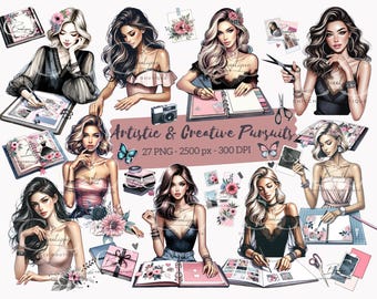 May include: A set of 27 digital illustrations featuring women engaged in artistic and creative pursuits. The illustrations are in a watercolor style and feature various elements such as flowers, butterflies, and books. The text "Artistic & Creative Pursuits" is included in the image.