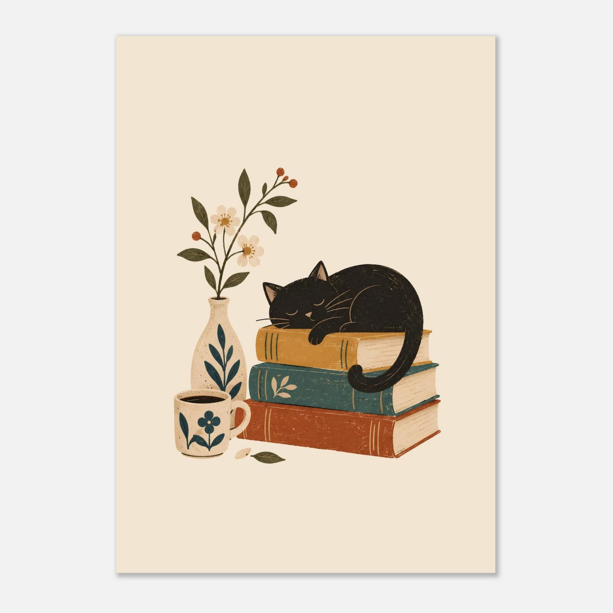 Black Cat Wall Art, Book Lover Print, Cozy Reading Nook Decor, Scandinavian Folk Art, Vintage Book Poster, Cat Lover Gift
