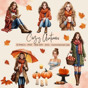 Conjunto de imágenes prediseñadas de una chica de acuarela acogedora de otoño con opciones de fondo transparente / PNG, SVG, PDF / Para redes sociales, manualidades y uso comercial