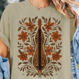 Mountain Dulcimer Tee, Comfort Colors 1717 T-Shirt, Dark Floral Graphic Crewneck, Rustic Botanical Shirt