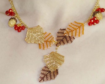 Autumn Leaves Beaded Necklace Pattern/Tutorial using brick stitch and peyote stitch, designed by Katie Dean, Beadflowers