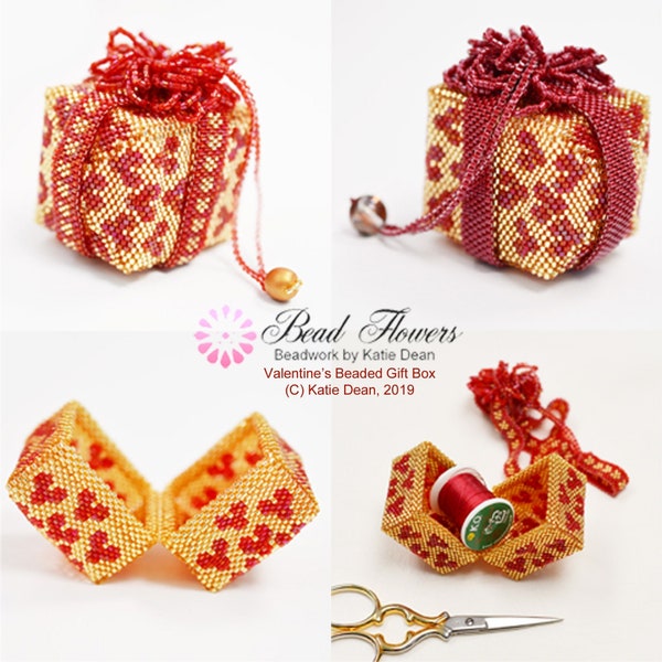 Beaded Gift Box for Valentines, tutorial made with Peyote stitch and size 11 delica beads. Designed by Katie Dean, Beadflowers