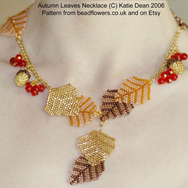 Autumn Leaves Beaded Necklace Pattern/Tutorial using brick stitch and peyote stitch, designed by Katie Dean, Beadflowers