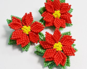 Peyote Stitch Poinsettia Beading Tutorial to make small Poinsettia flowers for beaded Christmas decorations, by Katie Dean