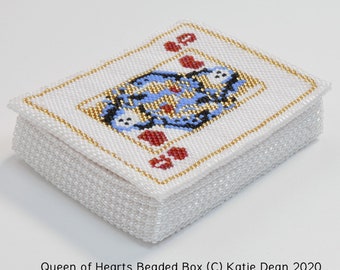 Queen of Hearts beaded box pattern/tutorial. Peyote stitch and CRAW project to make a beaded box designed by Katie Dean