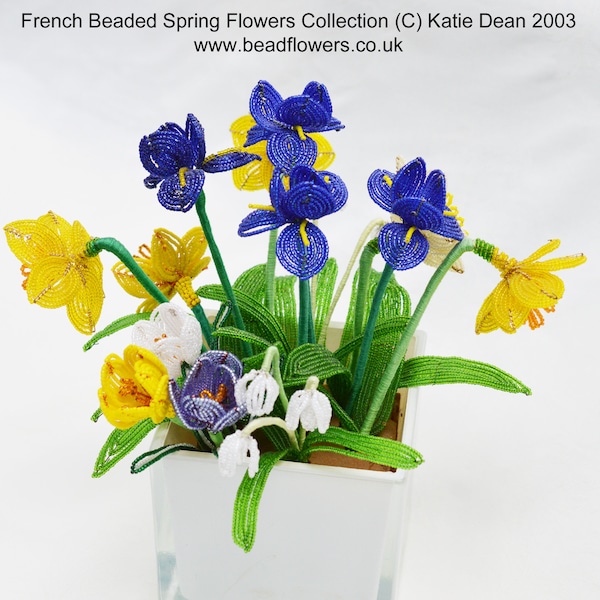 French Beading Flower Patterns/Tutorials for French Beaded Daffodil, Iris, Crocus and Snowdrop. Designed by Katie Dean, Beadflowers