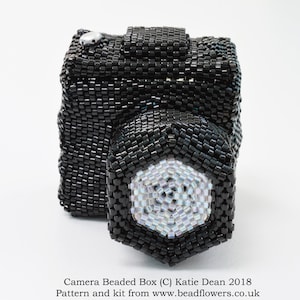 Camera Beaded Box Beading Pattern/Tutorial made with Peyote stitch using delica beads. Designed by Katie Dean, Beadflowers