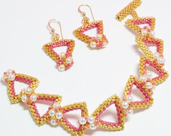 Peyote Triangle Beaded Bracelet and Earrings Tutorial/Pattern, using Delica Beads and Pearls, Designed by Katie Dean, Beadflowers