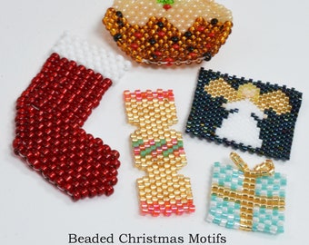 Simple Beaded Christmas Motifs Beading Tutorial with seven designs included, using basic bead weaving techniques, by Katie Dean