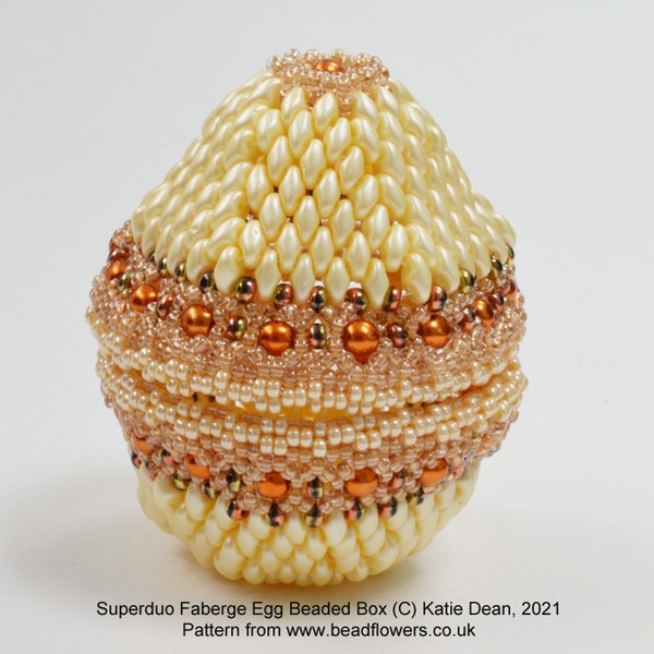 Superduo Faberge Egg Beaded Box Pattern. PDF tutorial for experienced beaders, by Katie Dean, Beadflowers