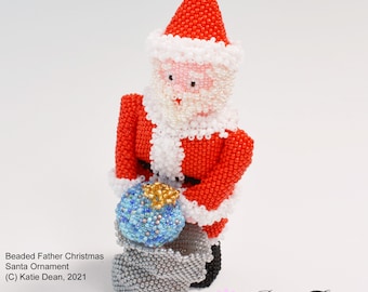 Beaded Father Christmas Santa Ornament Tutorial using Peyote stitch and seed beads. 5" tall Christmas ornament designed by Katie Dean